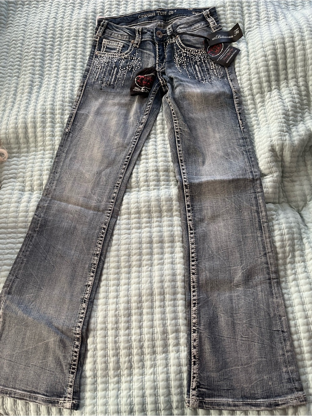 Cowgirl Tuff Gray Embellished Flare Jeans. NWT. 25 waist 31 length